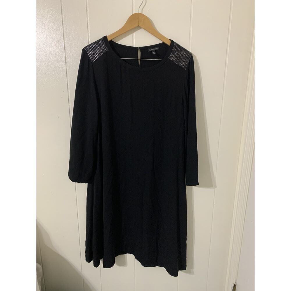 Eileen Fisher Black 100% SIlk Tunic Shift Dress Size large Beaded Lagenlook - Picture 4 of 12